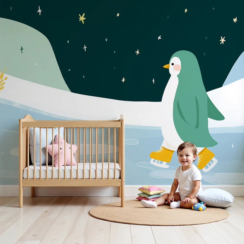 Kids room wallpaper | Pingvin bruslící pod hvězdami