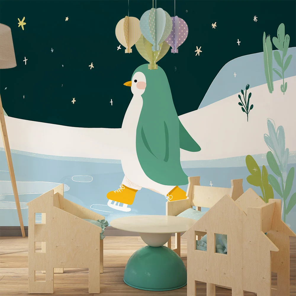 Kids room wallpaper | Pingvin bruslící pod hvězdami
