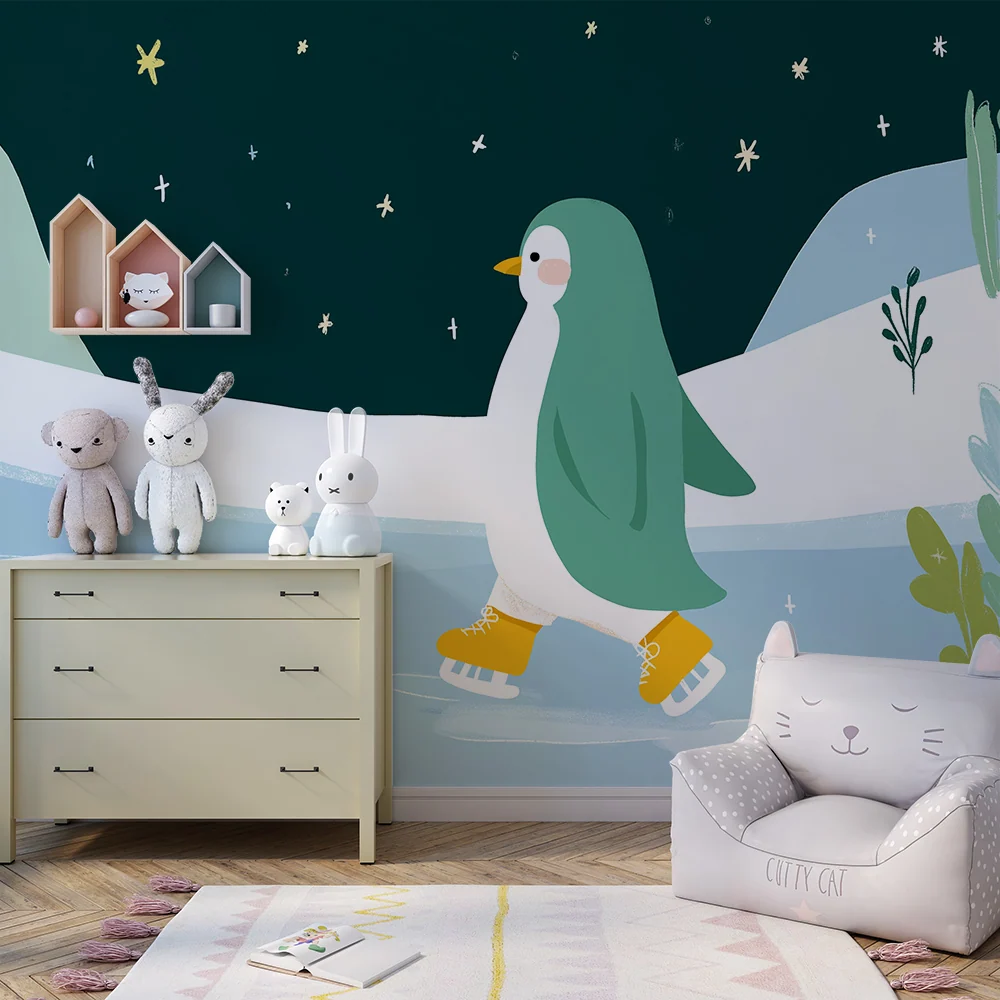 Kids room wallpaper | Pingvin bruslící pod hvězdami