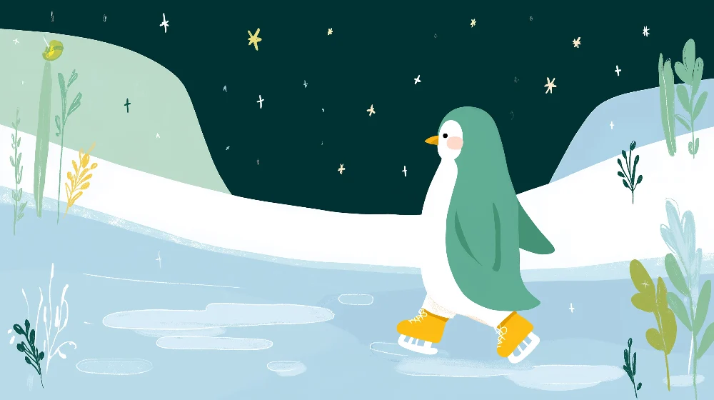 Kids room wallpaper | Pingvin bruslící pod hvězdami
