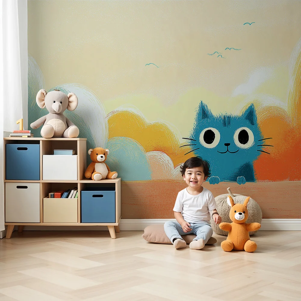Kids room wallpaper | Playful blue kitten under colorful sky