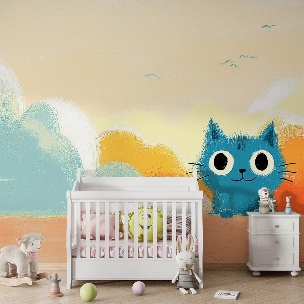 Kids room wallpaper | Playful blue kitten under colorful sky