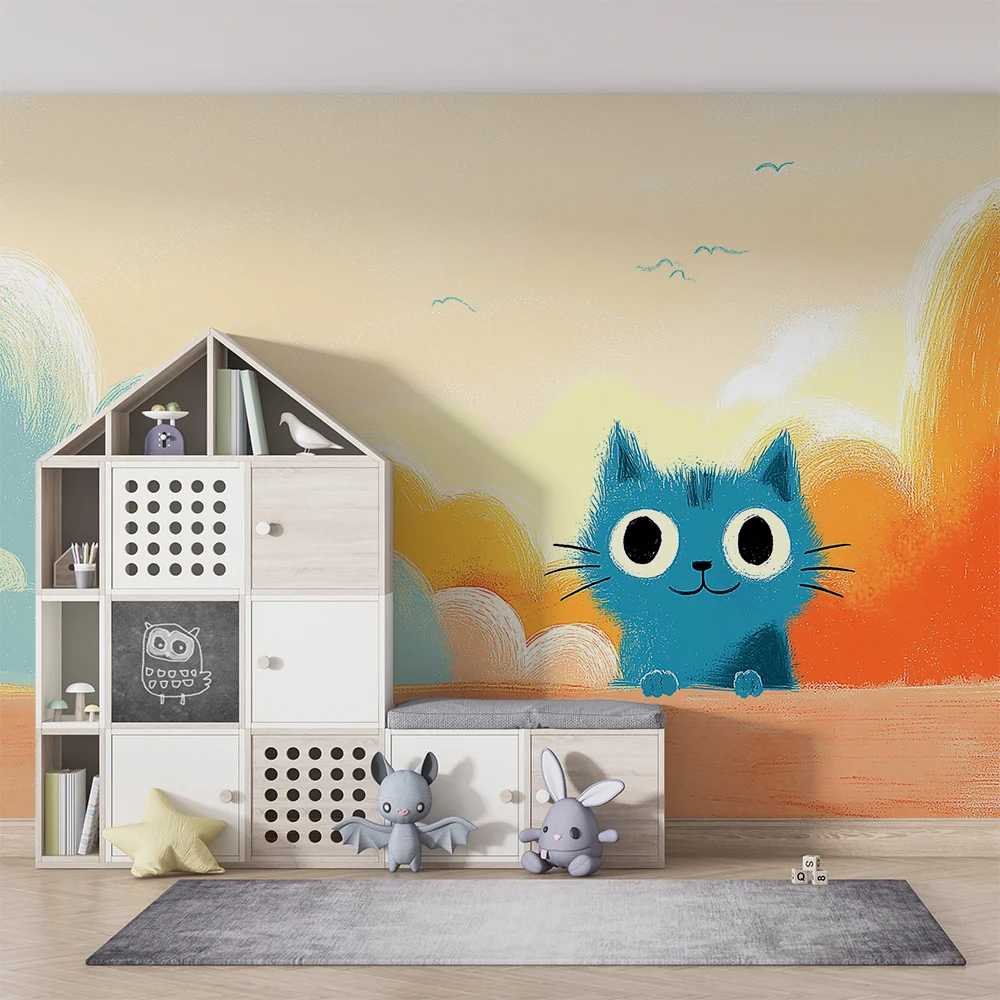 Kids room wallpaper | Playful blue kitten under colorful sky