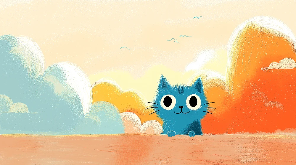 Kids room wallpaper | Playful blue kitten under colorful sky