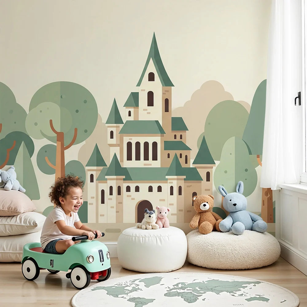 Kids room wallpaper | Pohádkový zámek obklopený stylizovanými stromy