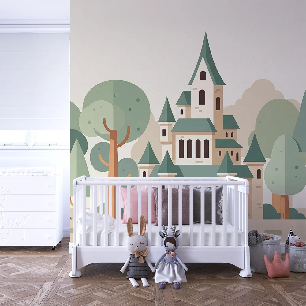 Kids room wallpaper | Pohádkový zámek obklopený stylizovanými stromy