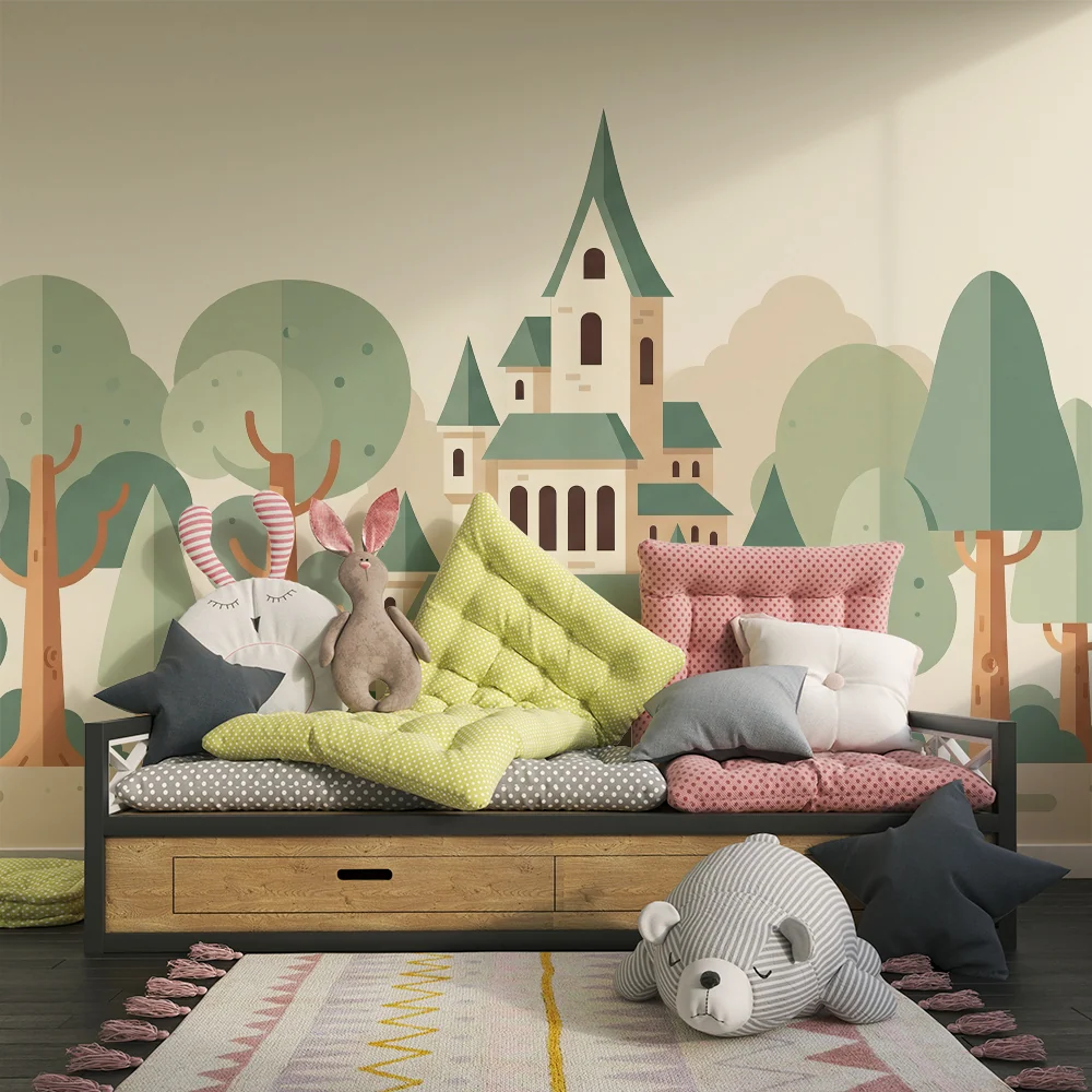 Kids room wallpaper | Pohádkový zámek obklopený stylizovanými stromy