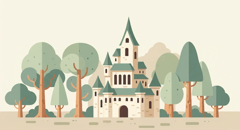 Kids room wallpaper | Pohádkový zámek obklopený stylizovanými stromy