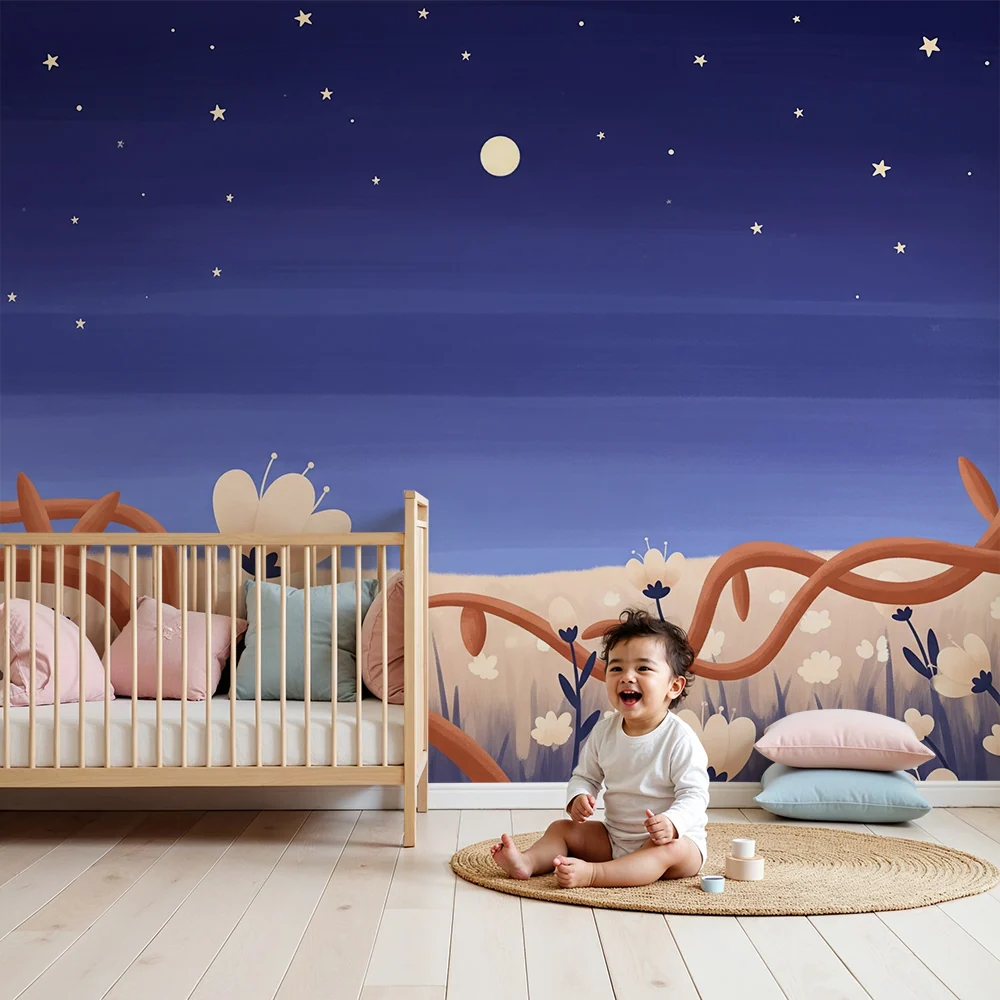 Kids room wallpaper | Pole květin pod hvězdnou oblohou
