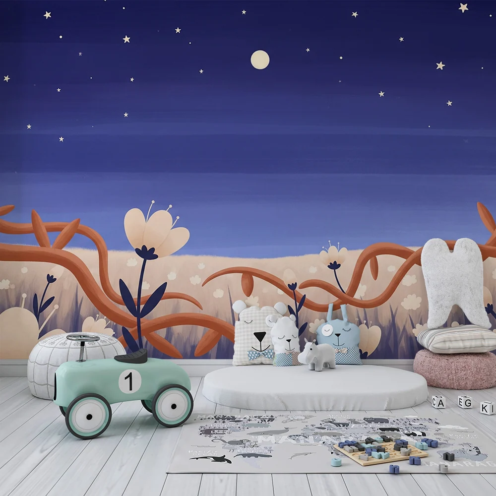Kids room wallpaper | Pole květin pod hvězdnou oblohou