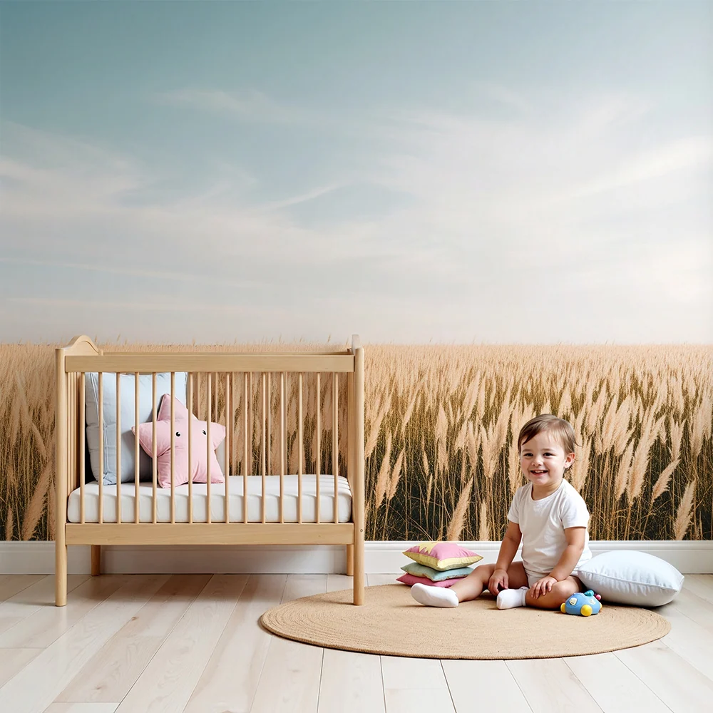 Kids room wallpaper | Pole zlatých rákosů pod modrou oblohou