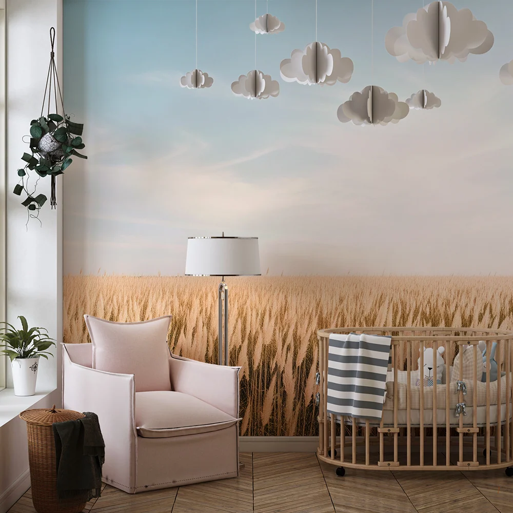 Kids room wallpaper | Pole zlatých rákosů pod modrou oblohou