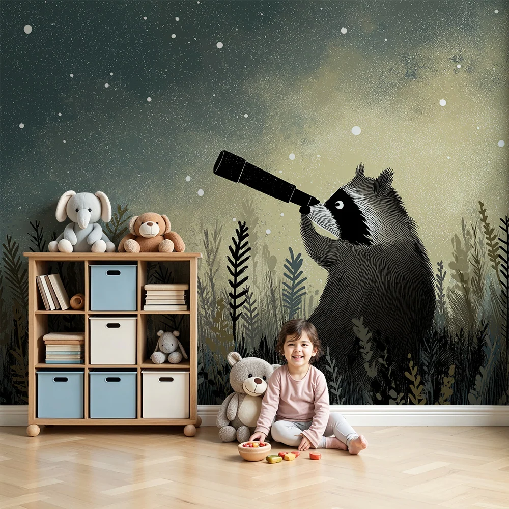 Kids room wallpaper | Raccoon explorer under starry sky