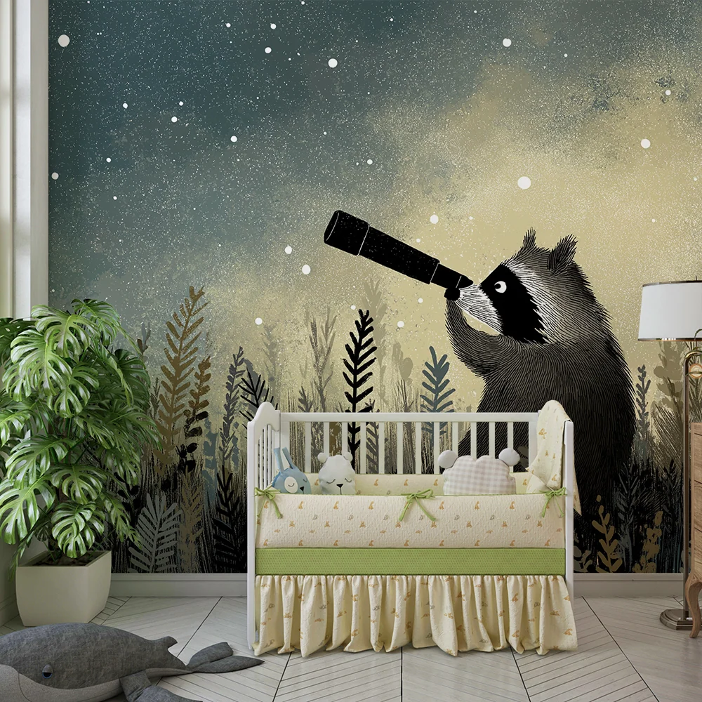 Kids room wallpaper | Raccoon explorer under starry sky