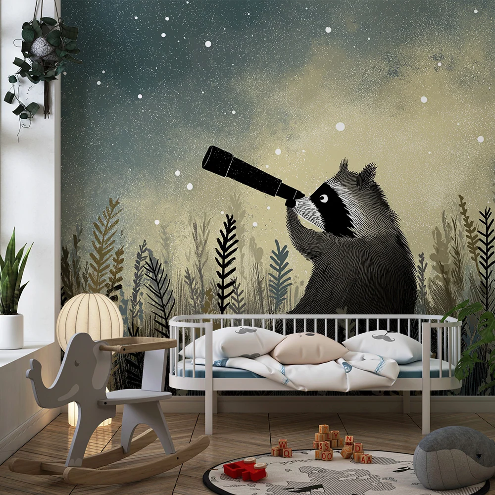 Kids room wallpaper | Raccoon explorer under starry sky