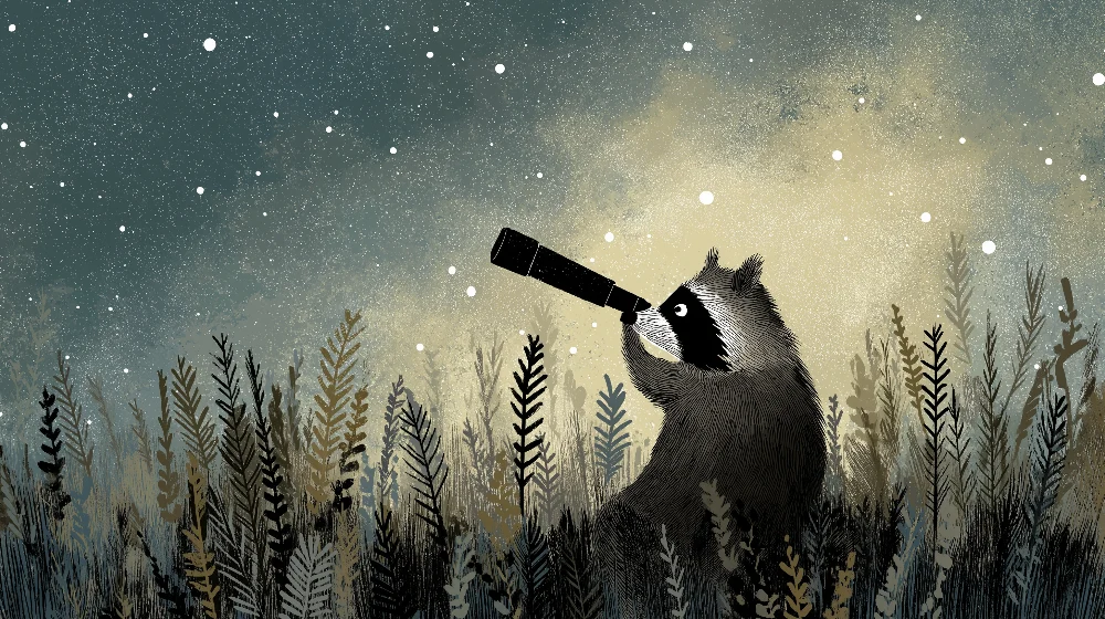 Kids room wallpaper | Raccoon explorer under starry sky