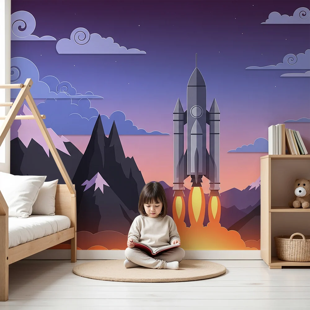 Kids room wallpaper | Raketa startující uprostřed hor