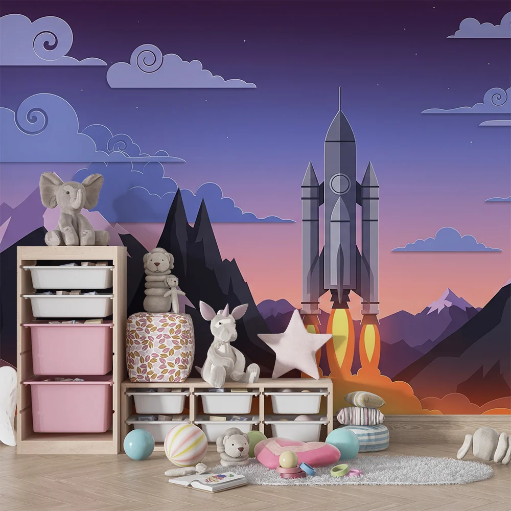 Kids room wallpaper | Raketa startující uprostřed hor