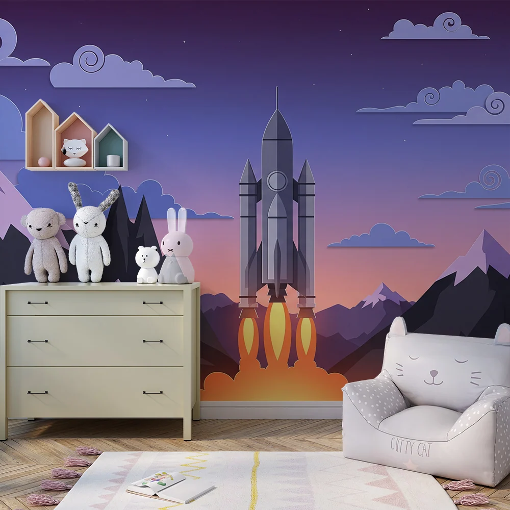 Kids room wallpaper | Raketa startující uprostřed hor