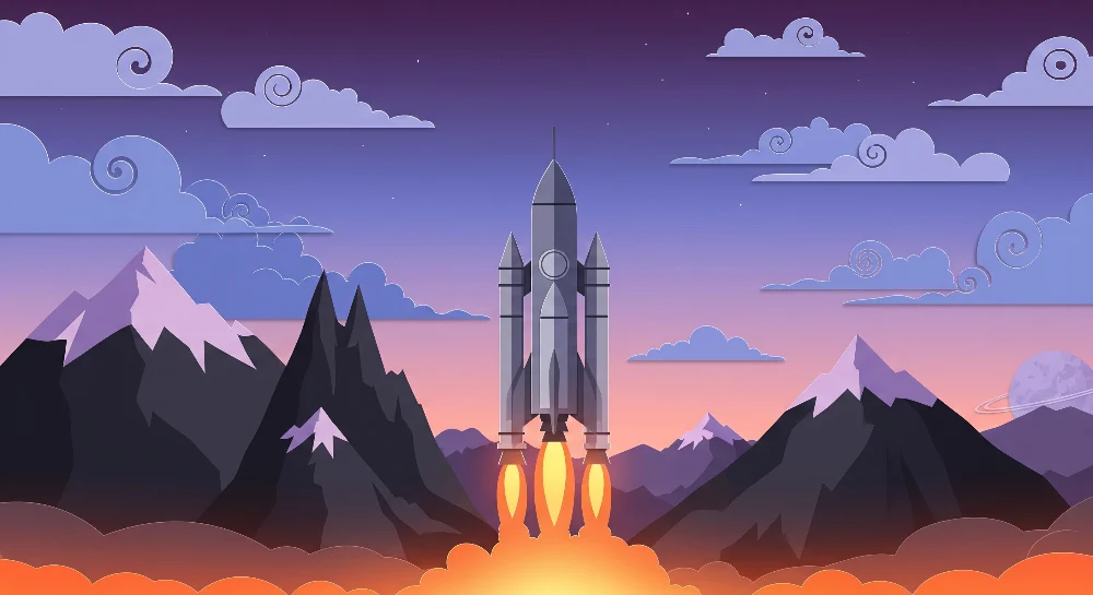 Kids room wallpaper | Raketa startující uprostřed hor