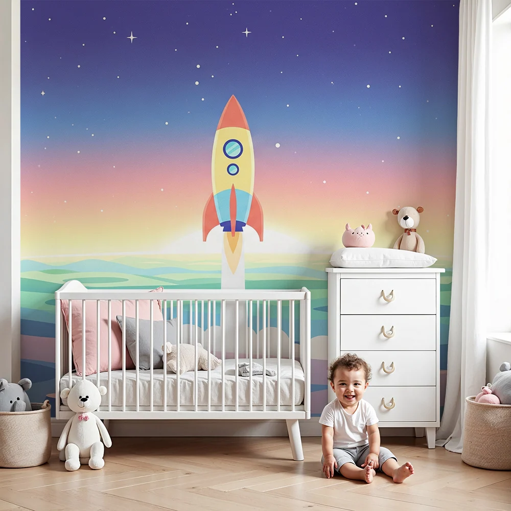 Kids room wallpaper | Raketa startuje z vícebarevné země
