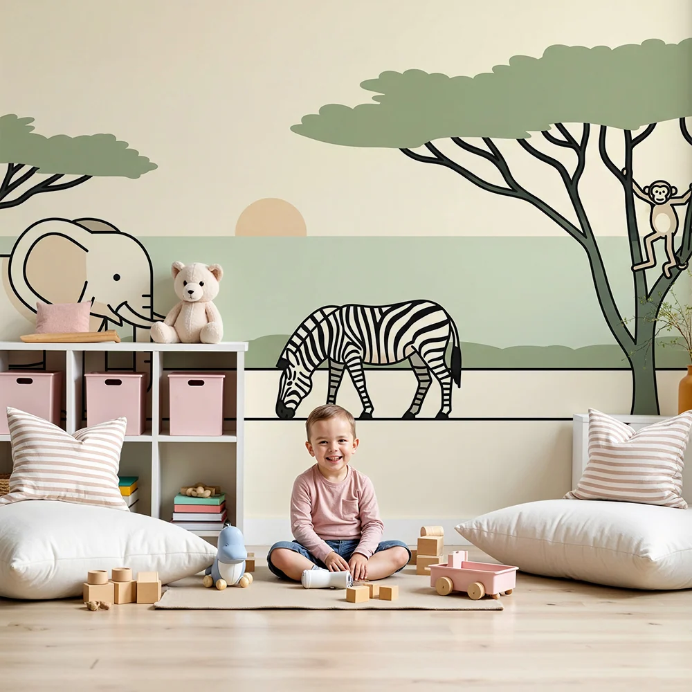 Kids room wallpaper | Savanna animals elephant, zebra, and monkey