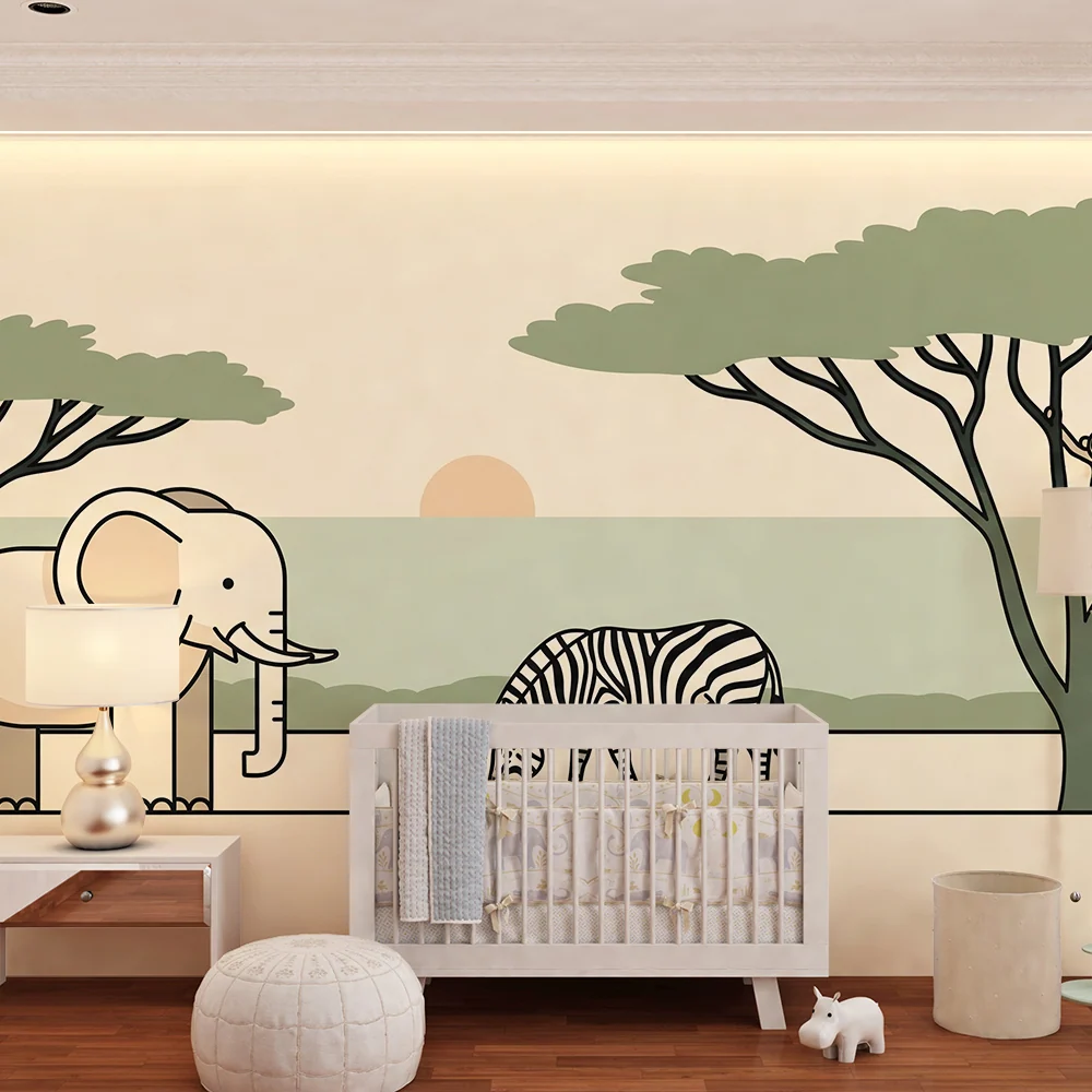Kids room wallpaper | Savanna animals elephant, zebra, and monkey