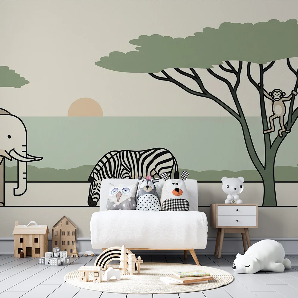 Kids room wallpaper | Savanna animals elephant, zebra, and monkey