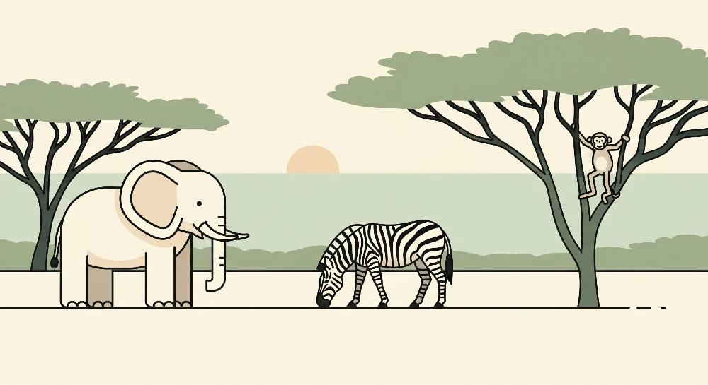 Kids room wallpaper | Savanna animals elephant, zebra, and monkey