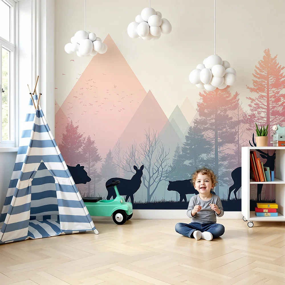 Kids room wallpaper | Siluety divokých zvířat v barevném lese