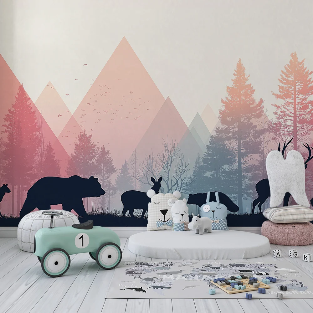 Kids room wallpaper | Siluety divokých zvířat v barevném lese