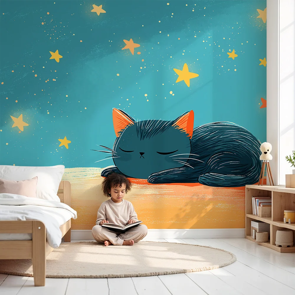 Kids room wallpaper | Sleeping kitten under starry sky