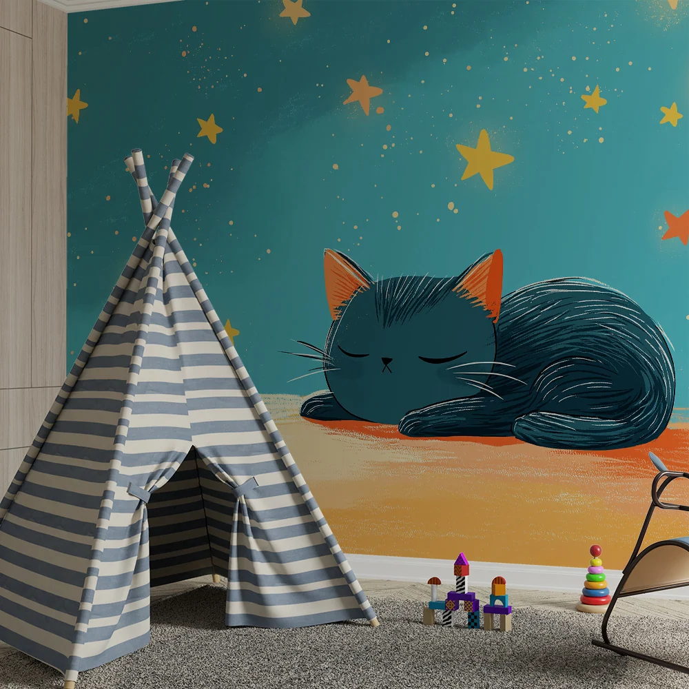 Kids room wallpaper | Sleeping kitten under starry sky