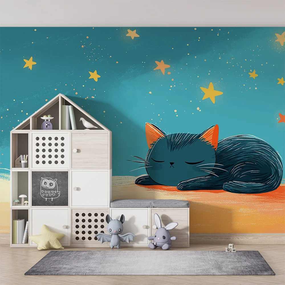 Kids room wallpaper | Sleeping kitten under starry sky