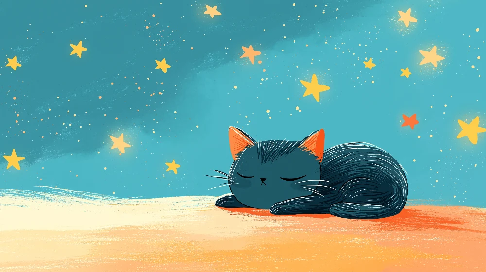 Kids room wallpaper | Sleeping kitten under starry sky