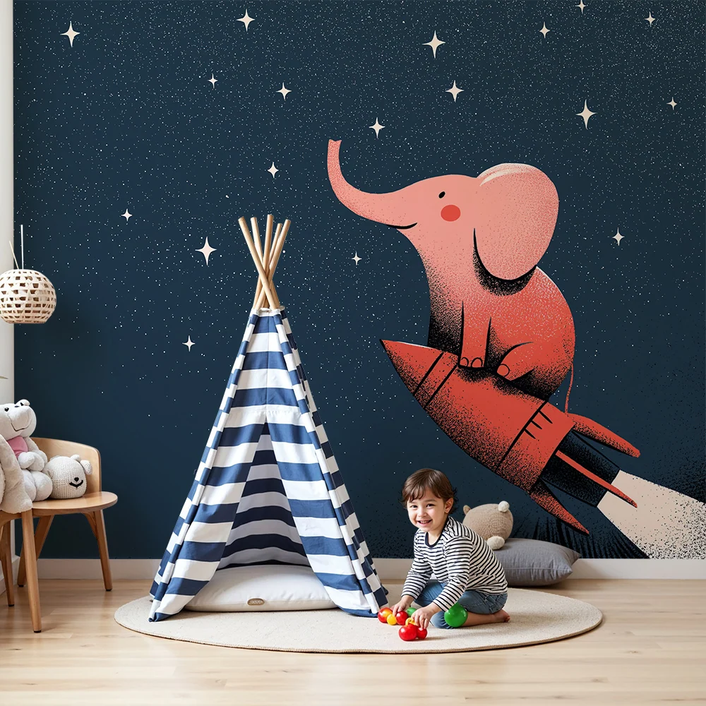 Kids room wallpaper | Slon astronaut na raketě ve hvězdné obloze