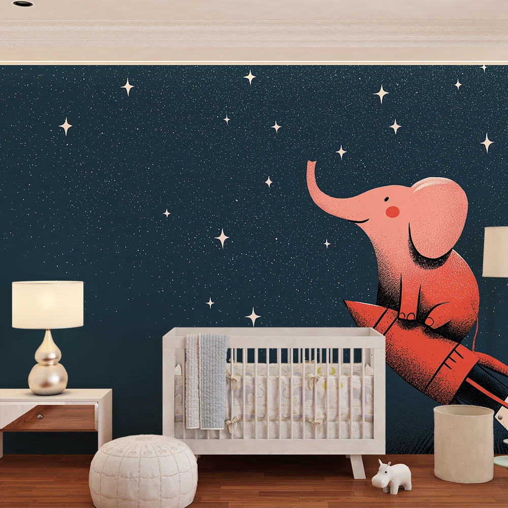 Kids room wallpaper | Slon astronaut na raketě ve hvězdné obloze
