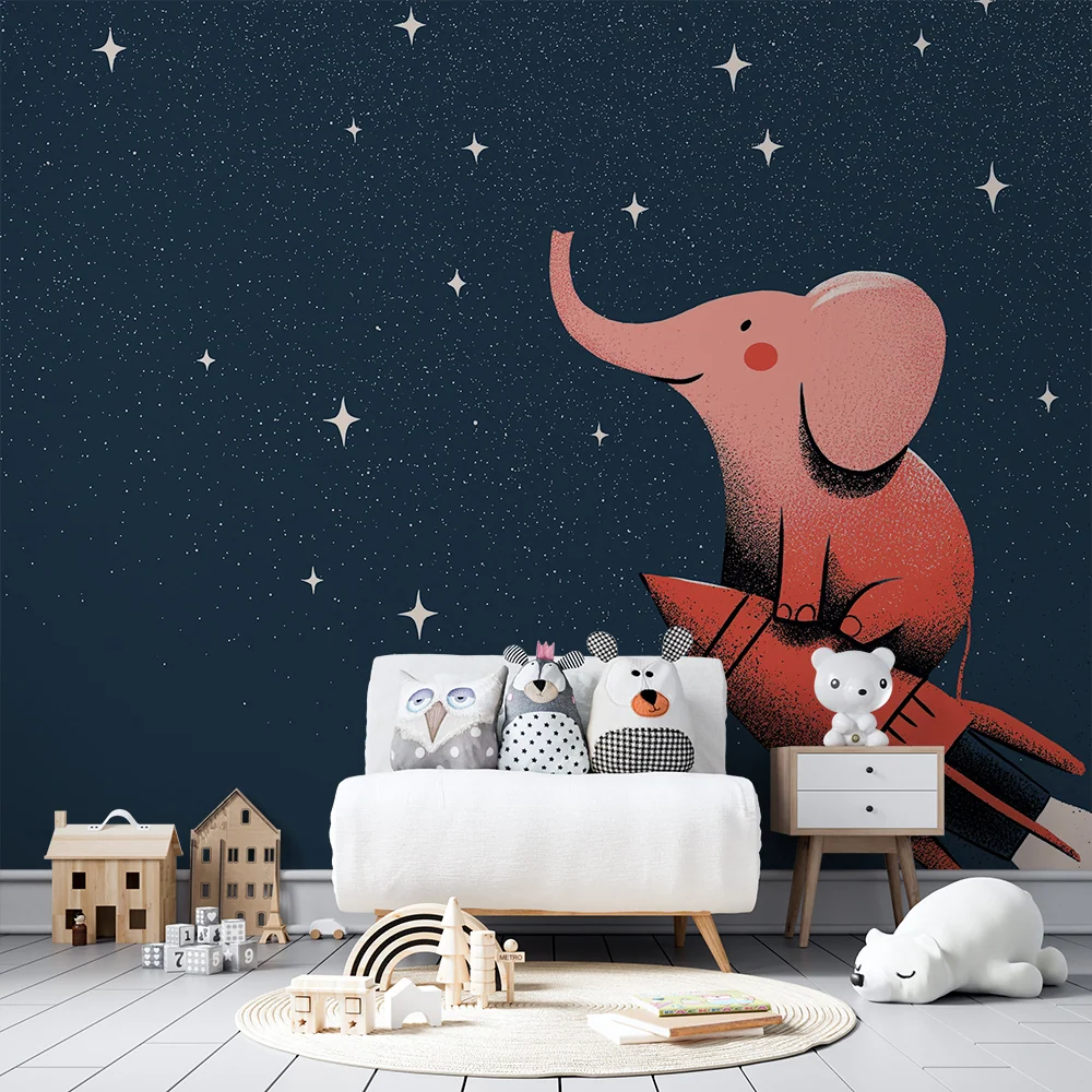 Kids room wallpaper | Slon astronaut na raketě ve hvězdné obloze