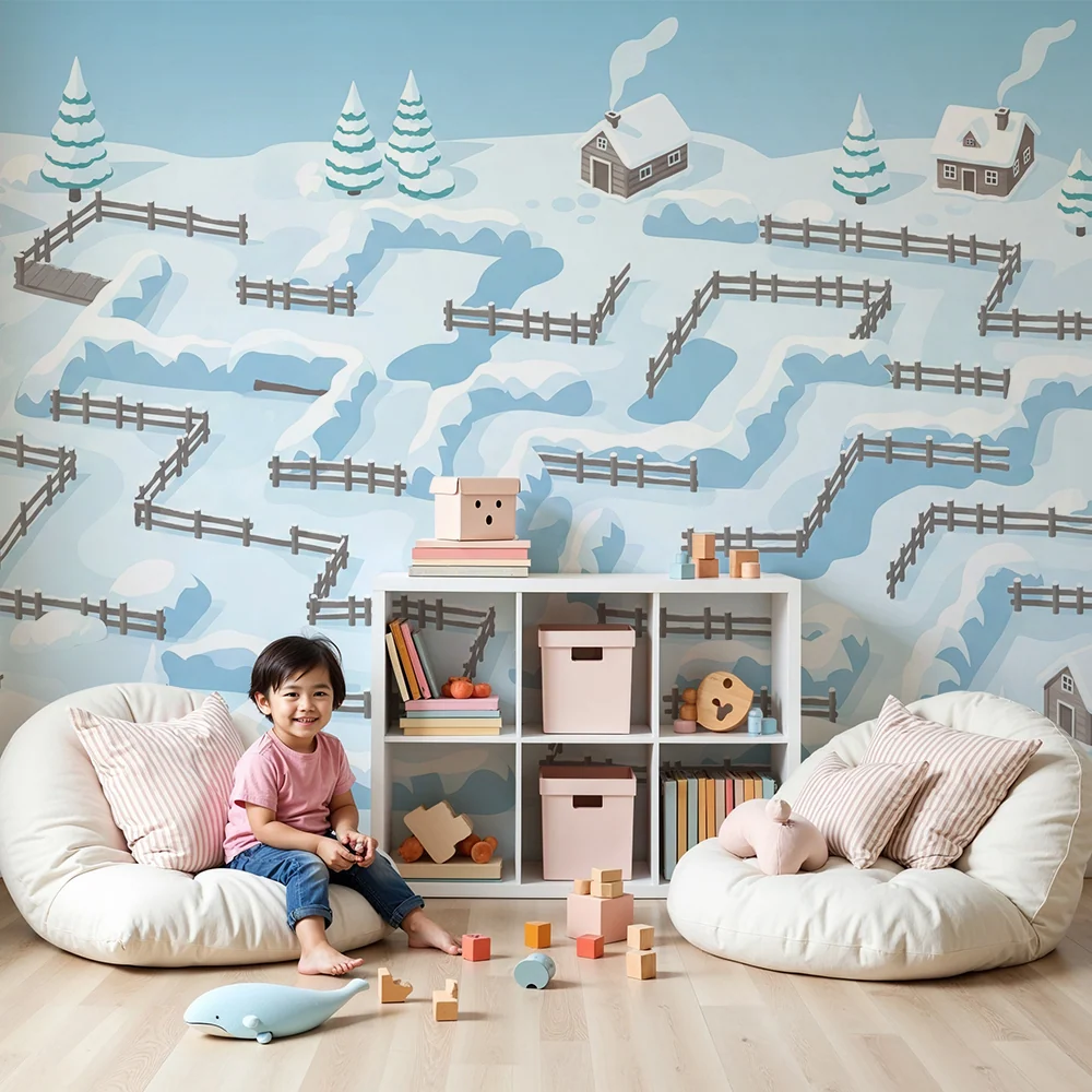 Kids room wallpaper | Sněhový bludiště s domy stromy