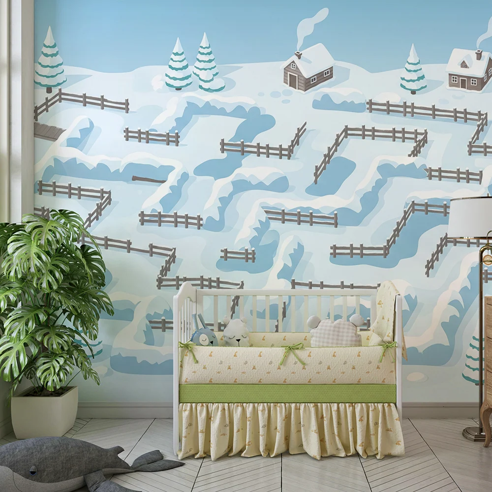 Kids room wallpaper | Sněhový bludiště s domy stromy
