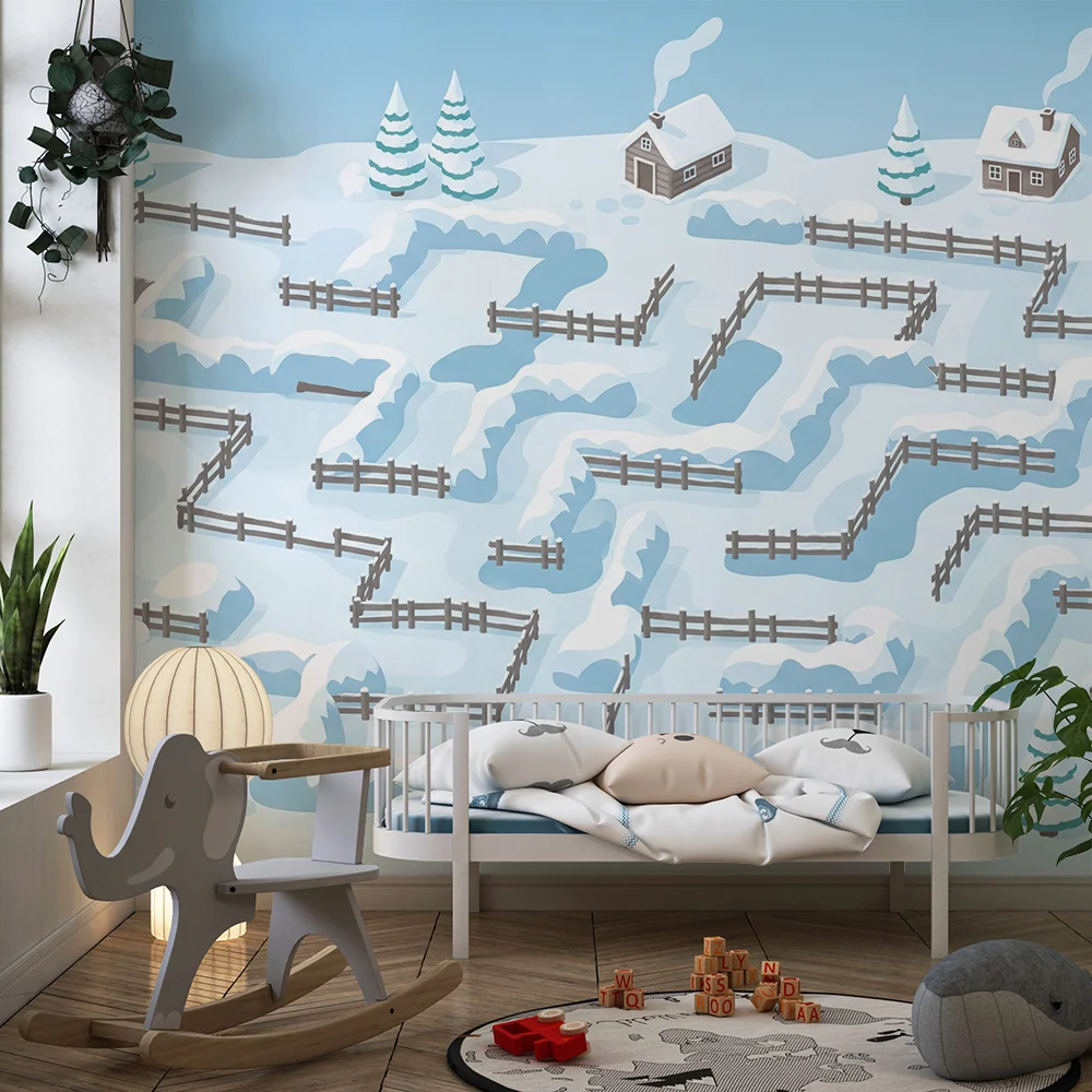 Kids room wallpaper | Sněhový bludiště s domy stromy