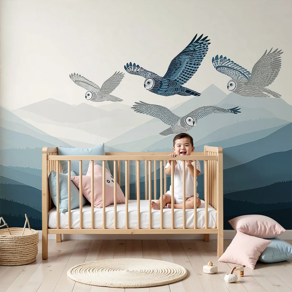Kids room wallpaper | Sovy letí nad modrými horami