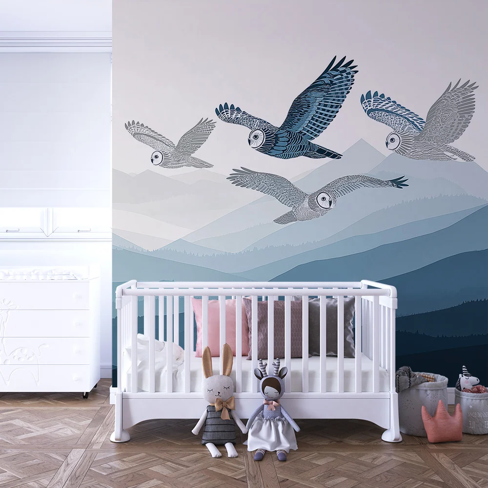 Kids room wallpaper | Sovy letí nad modrými horami