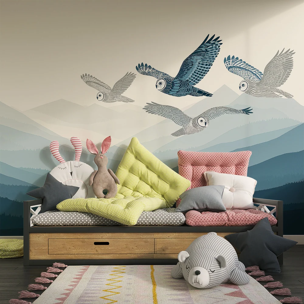 Kids room wallpaper | Sovy letí nad modrými horami