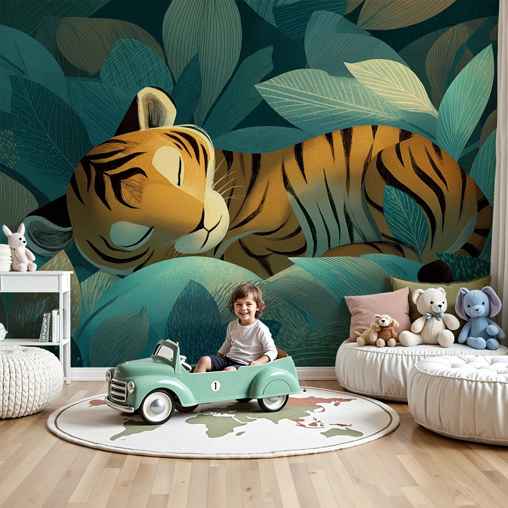 Kids room wallpaper | Spící tygr uprostřed bujné džungle