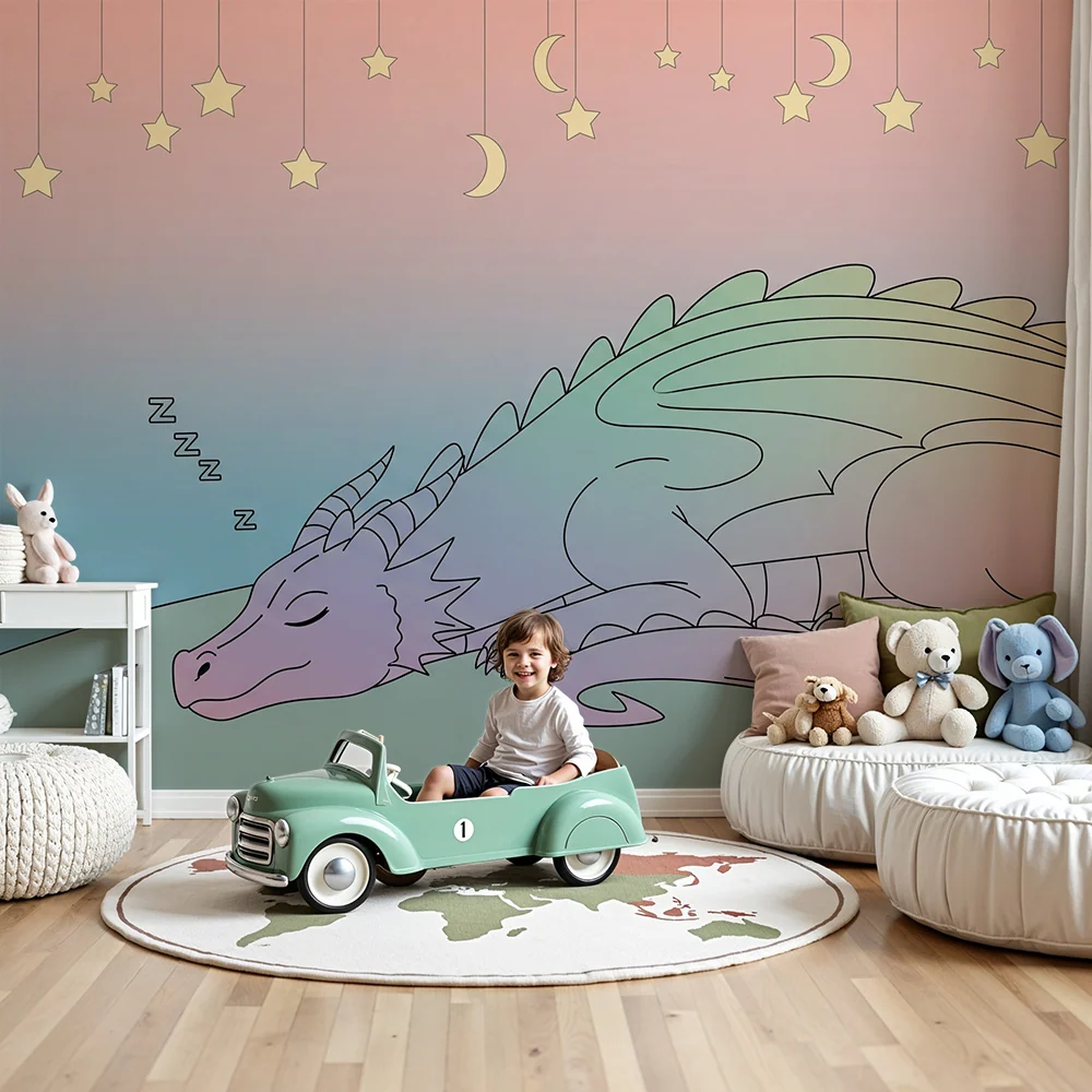 Kids room wallpaper | Spiací drak pod hvězdnou oblohou