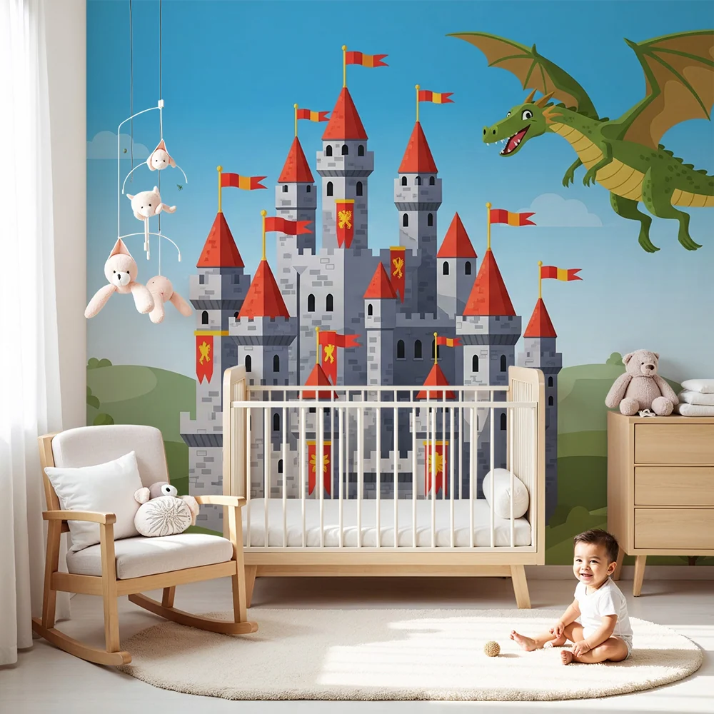 Kids room wallpaper | Středověký hrad s létajícím drakem
