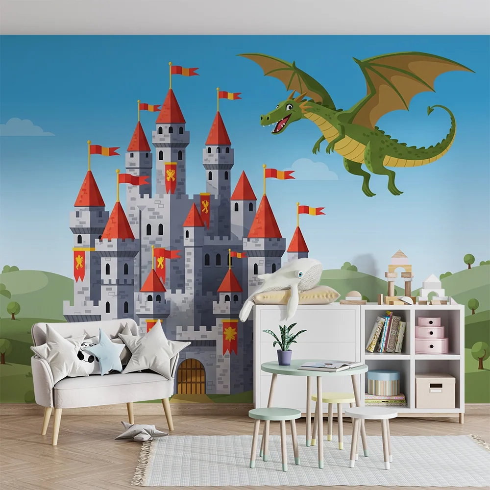 Kids room wallpaper | Středověký hrad s létajícím drakem
