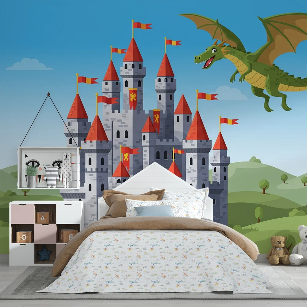 Kids room wallpaper | Středověký hrad s létajícím drakem