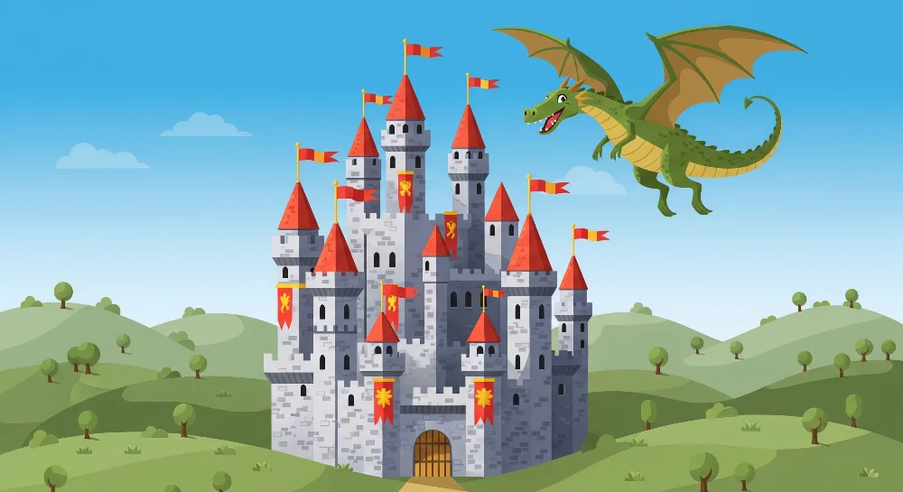 Kids room wallpaper | Středověký hrad s létajícím drakem